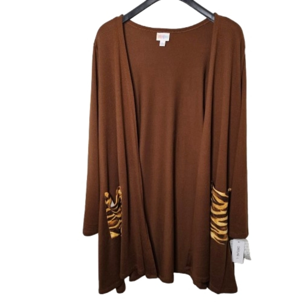 LuLaRoe Caroline Brown Oversized Cardigan Size L Tiger Print Pockets Lagenlook